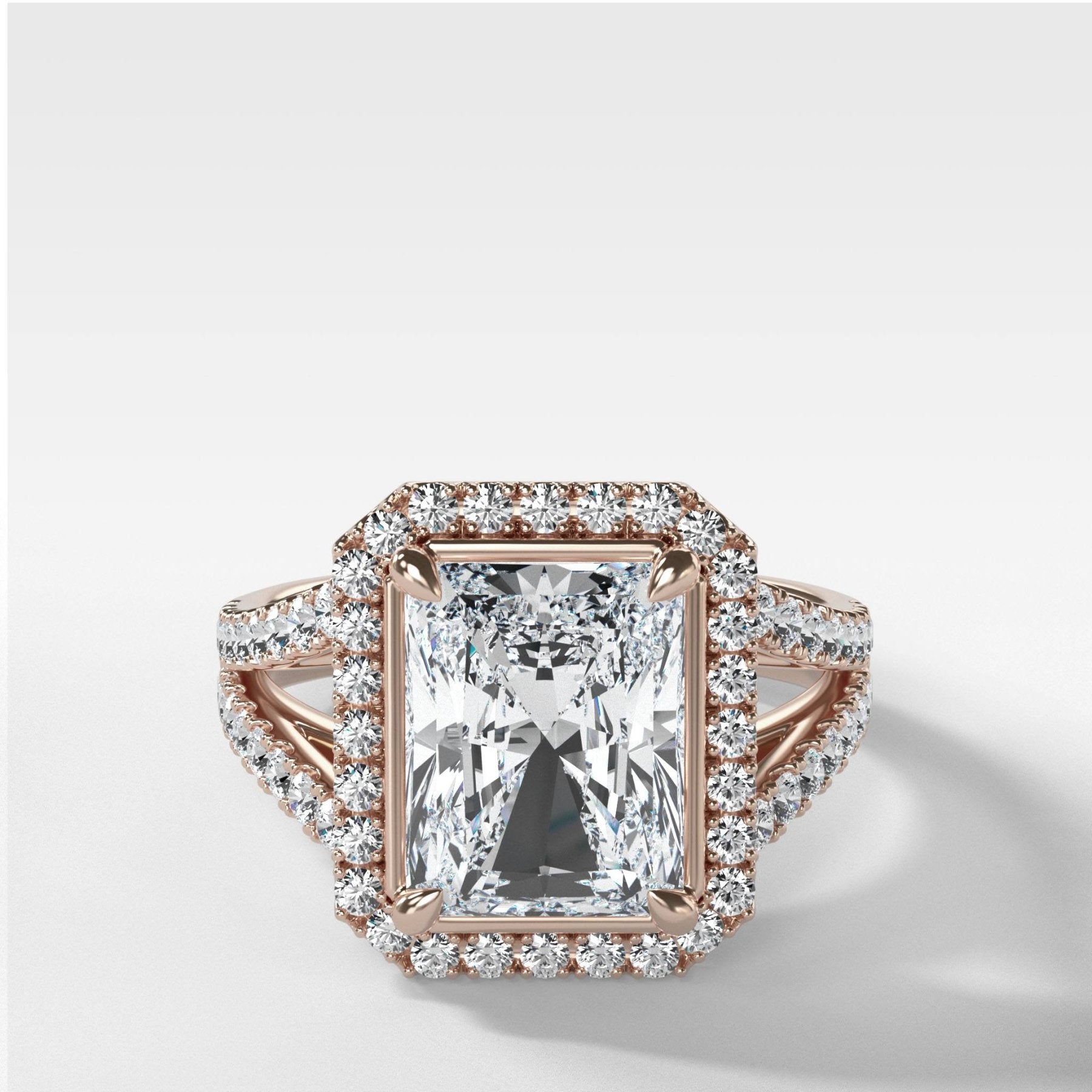 Split Shank Halo Engagement Ring With Radiant Cut Diamond