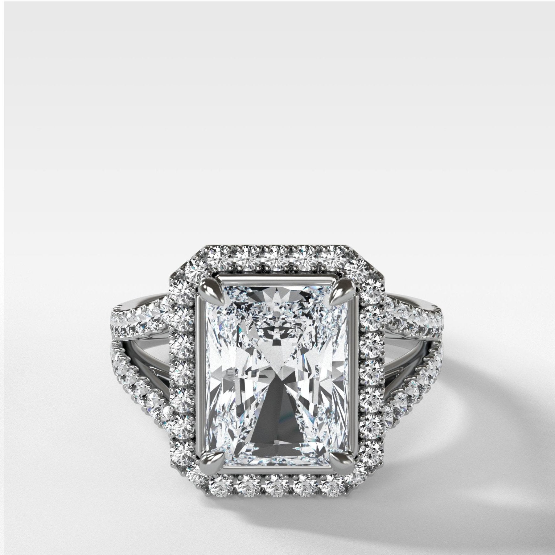 Split Shank Halo Engagement Ring With Radiant Cut Diamond