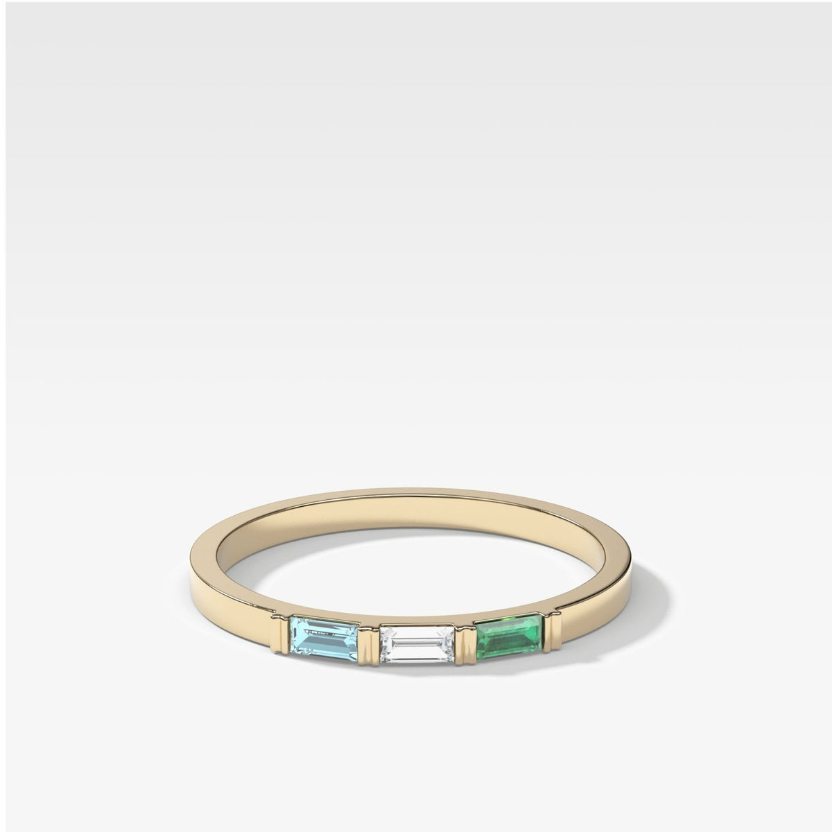 Three Stone Baguette Wedding Band with Green Emerald and Aquamarine Gemstones - GOODSTONE