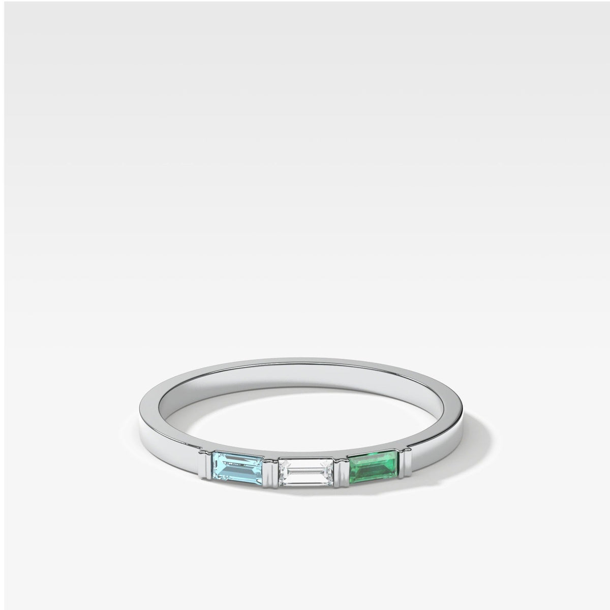 Three Stone Baguette Wedding Band with Green Emerald and Aquamarine Gemstones - GOODSTONE