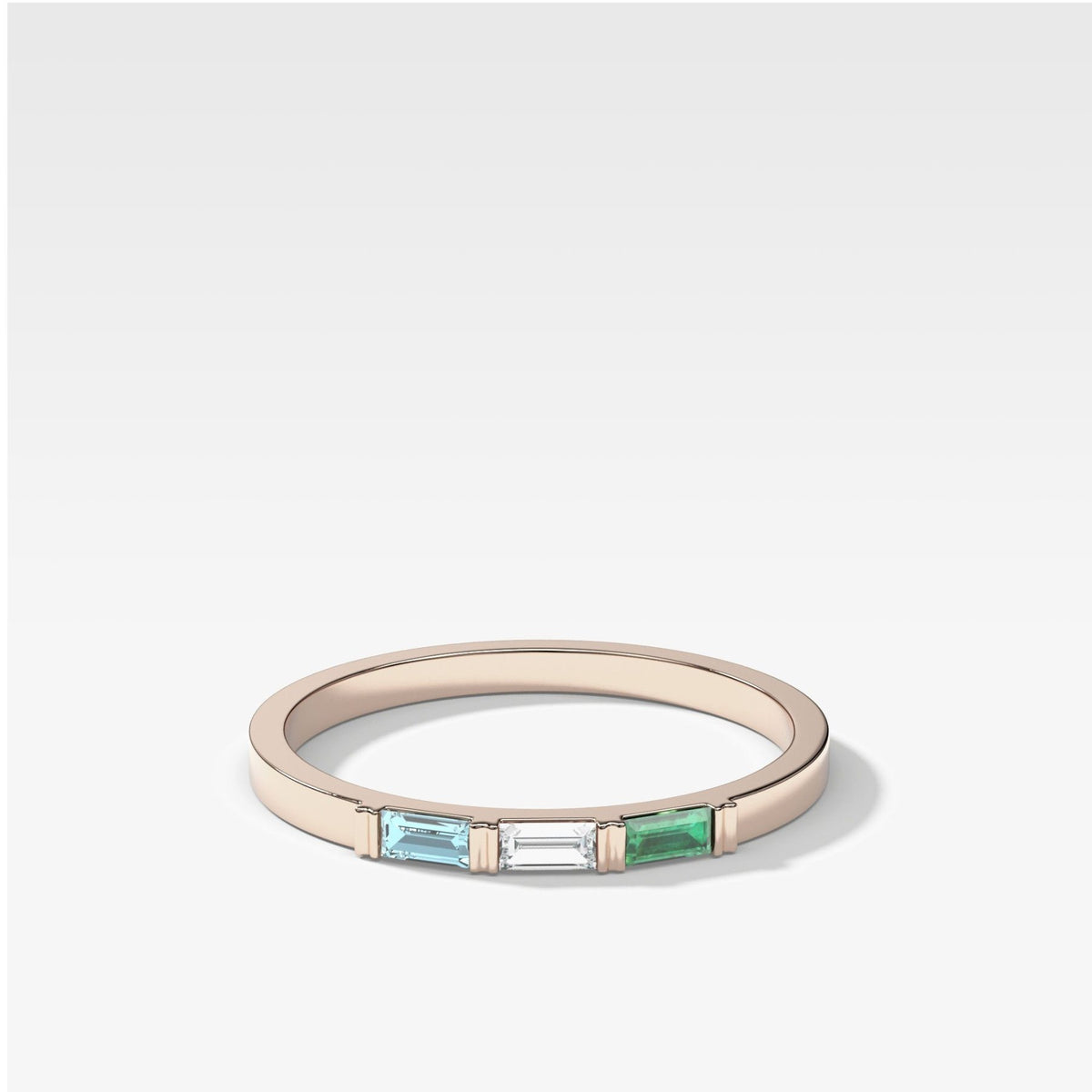 Three Stone Baguette Wedding Band with Green Emerald and Aquamarine Gemstones - GOODSTONE