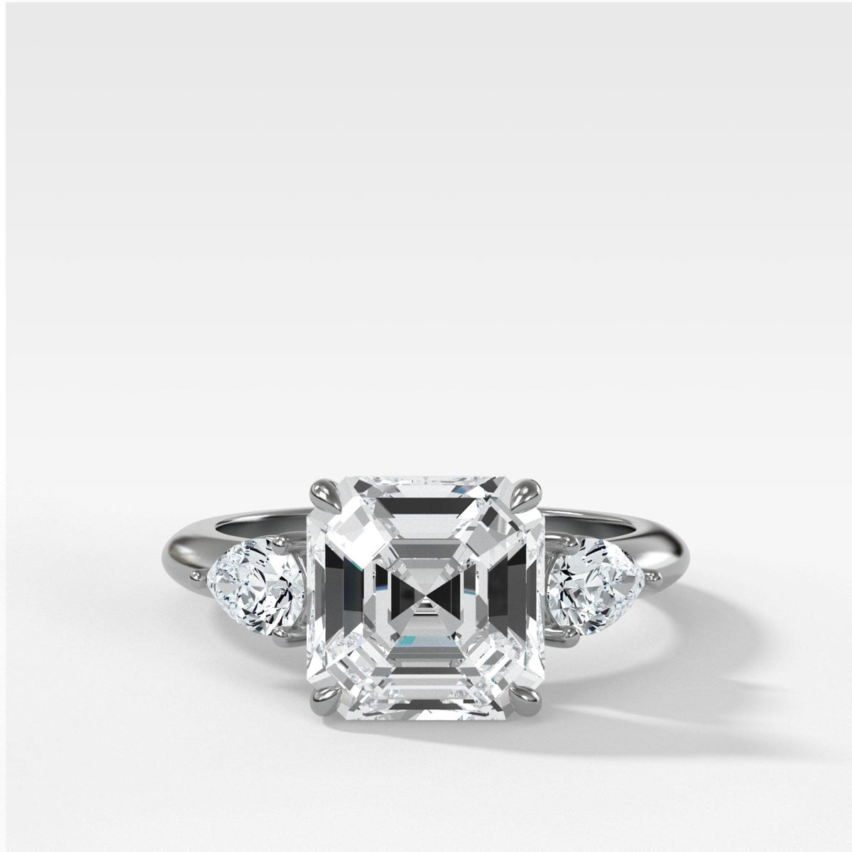 Three Stone Engagement Ring With Pear Side Stones and Asscher Cut Diamond - GOODSTONE
