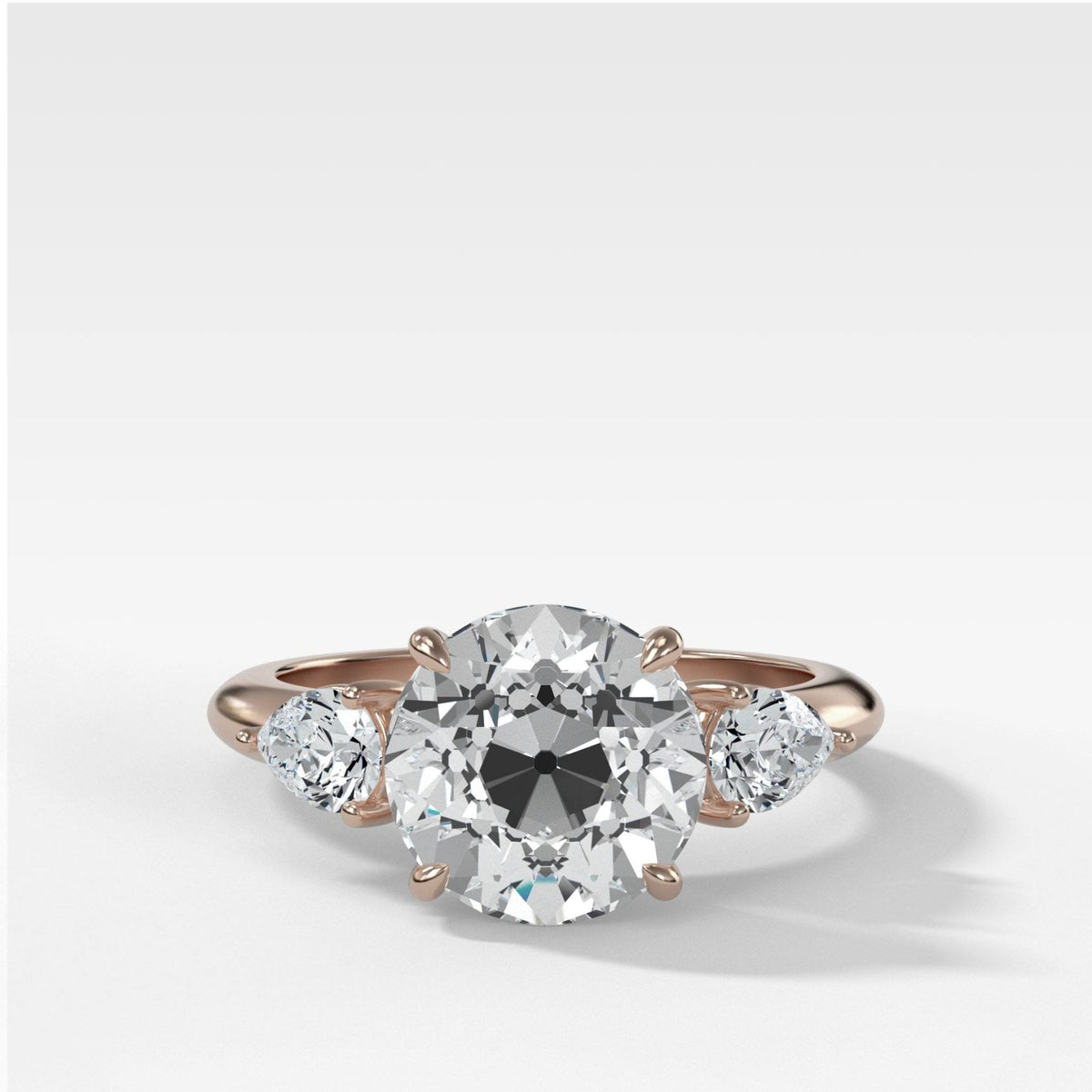 Three Stone Engagement Ring With Pear Side Stones and Old Euro Cut Diamond - GOODSTONE