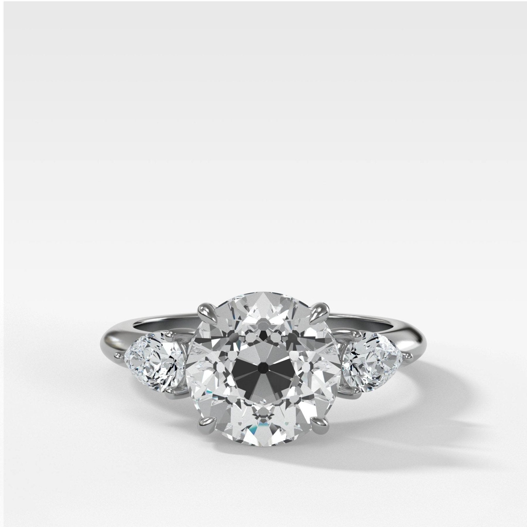 Three Stone Engagement Ring With Pear Side Stones and Old Euro Cut Diamond - GOODSTONE