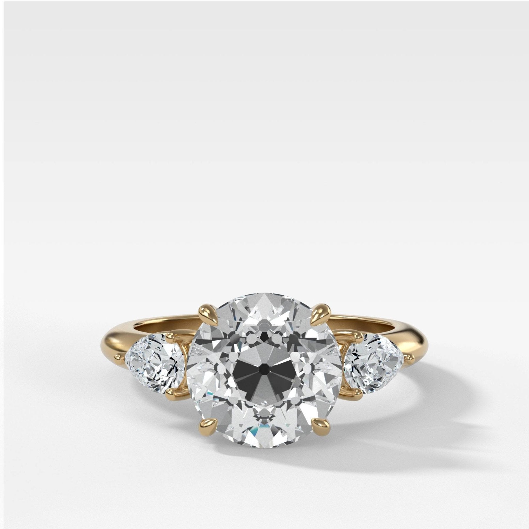 Three Stone Engagement Ring With Pear Side Stones and Old Euro Cut Diamond - GOODSTONE