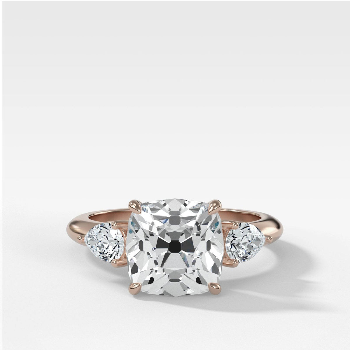 Three Stone Engagement Ring With Pear Side Stones and Old Mine Cut Diamond - GOODSTONE