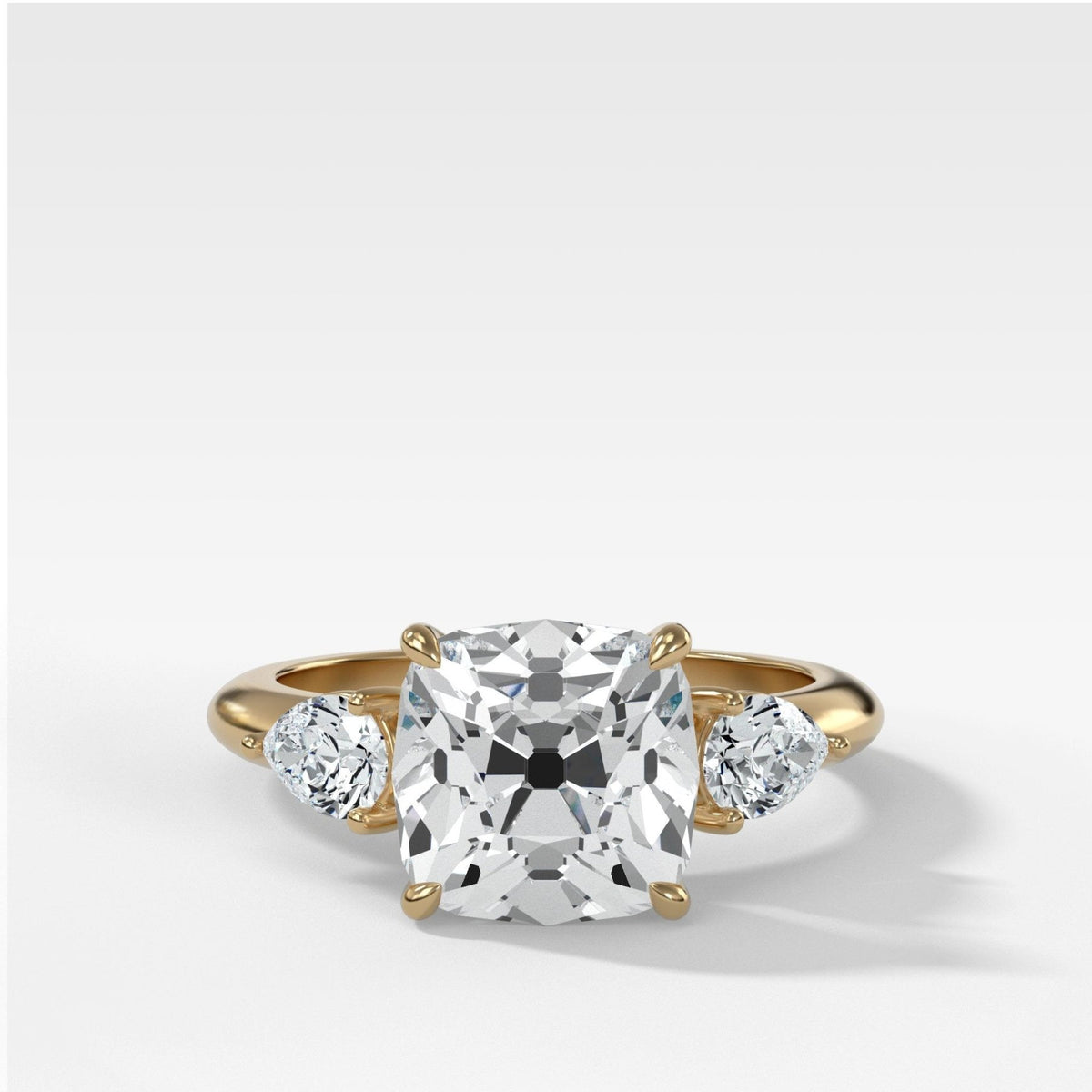 Three Stone Engagement Ring With Pear Side Stones and Old Mine Cut Diamond - GOODSTONE