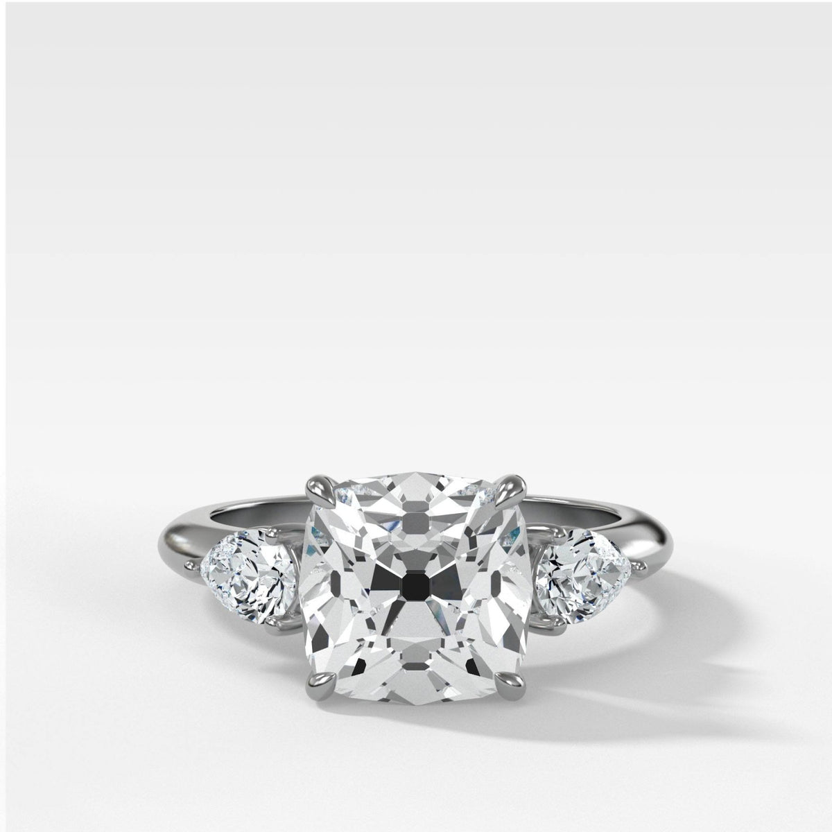 Three Stone Engagement Ring With Pear Side Stones and Old Mine Cut Diamond - GOODSTONE