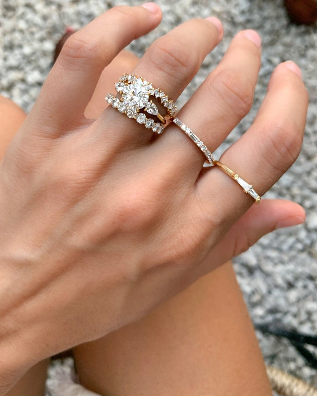 Three Stone Engagement Ring With Pear Side Stones With Round Cut Diamond - GOODSTONE