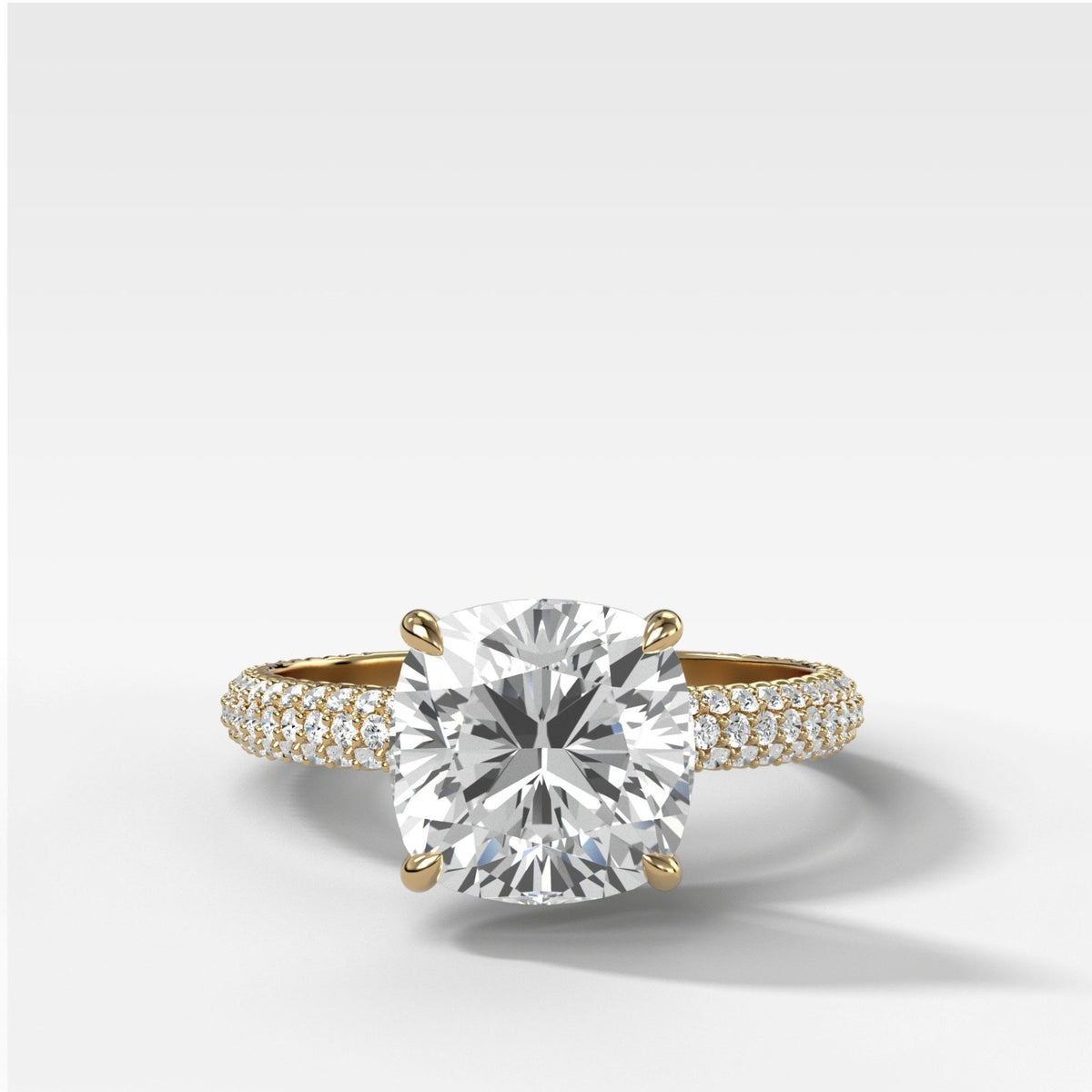 Triple Row Pavé Engagement Ring With Cushion Cut Diamond